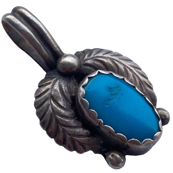 Native American Blue Turquoise Leaf Design Pendant Sterling Silver Signed